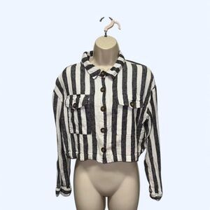 Love Tree Black and White Striped Jean Jacket